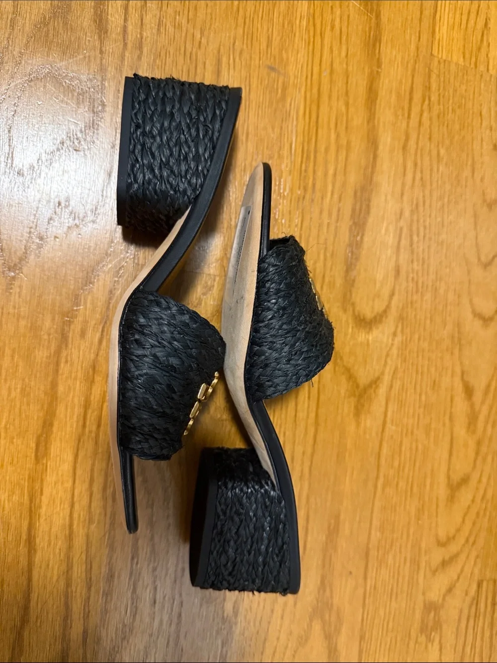 Tory Burch Black Raffia Slide Mules with Gold Logo Accent